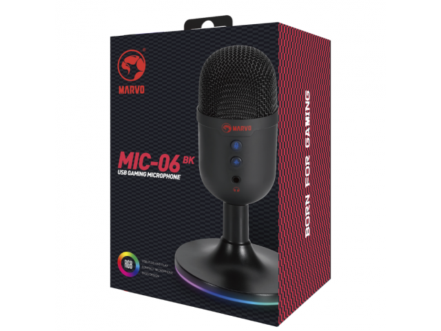 Micrófono de Estudio Gamer USB Cable 1.7 M RGB MIC-06 BK Negro Marvo